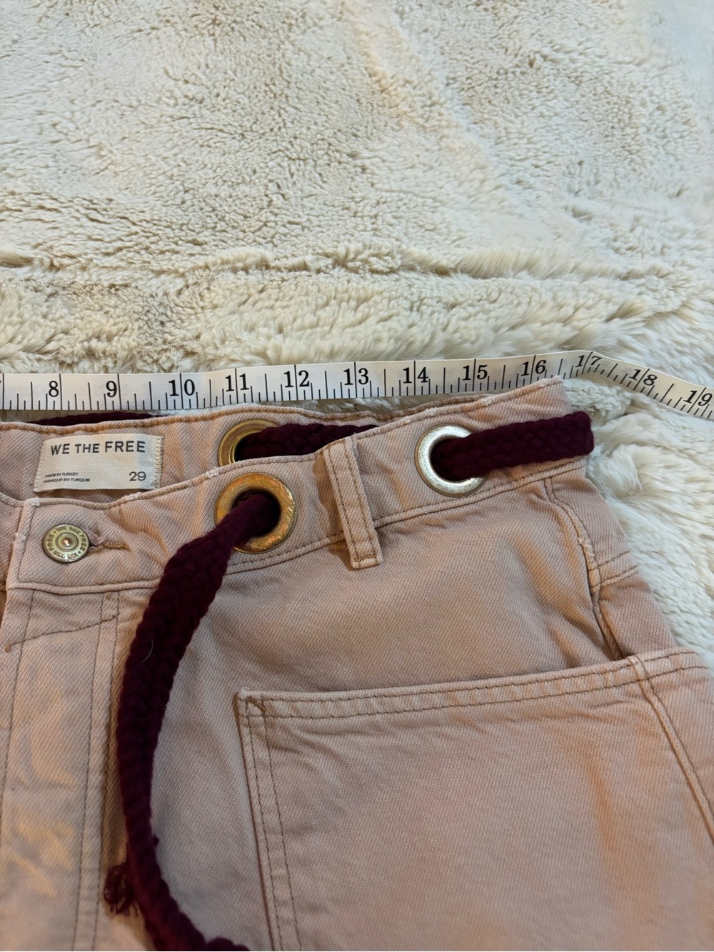 We The Free Moxie Denim Light Pink Shorts with Burgundy Drawstring - Picture 3 of 5